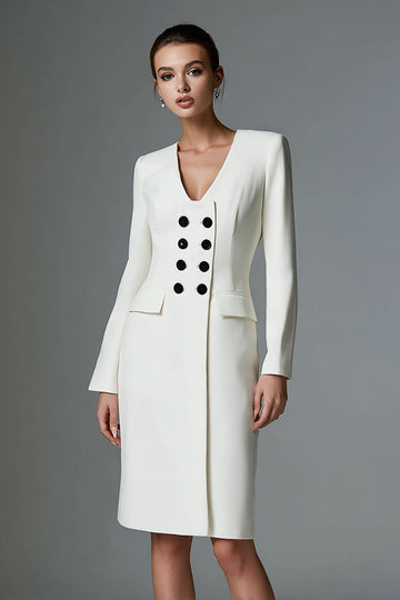 V-Neck Pencil Double Breasted Ivory Midi Work Dress